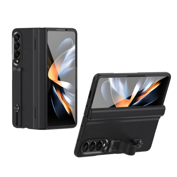 For Samsung Galaxy Z Fold4 Wristband Holder Grain Leather Folding Phone Case(Black) - Galaxy Z Fold4 5G Cases by buy2fix | Online Shopping UK | buy2fix