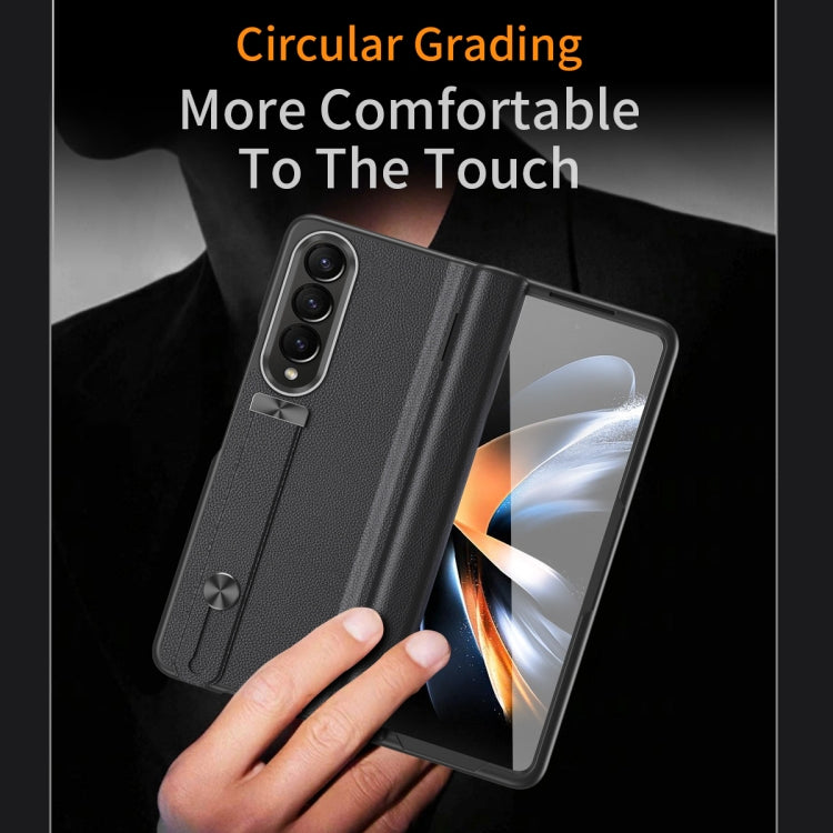 For Samsung Galaxy Z Fold4 Wristband Holder Grain Leather Folding Phone Case(Black) - Galaxy Z Fold4 5G Cases by buy2fix | Online Shopping UK | buy2fix