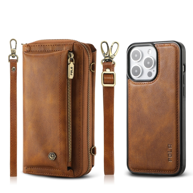 For iPhone 15 Pro Crossbody Multi-functional Zipper Wallet Leather Phone Case(Brown) - iPhone 15 Pro Cases by buy2fix | Online Shopping UK | buy2fix