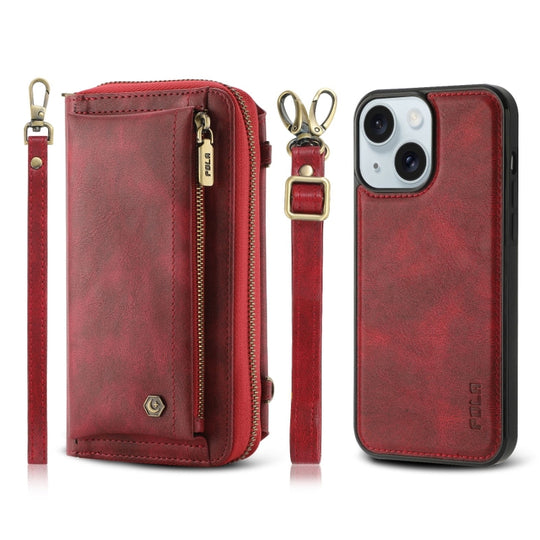 For iPhone 15 Plus Crossbody Multi-functional Zipper Wallet Leather Phone Case(Red)
