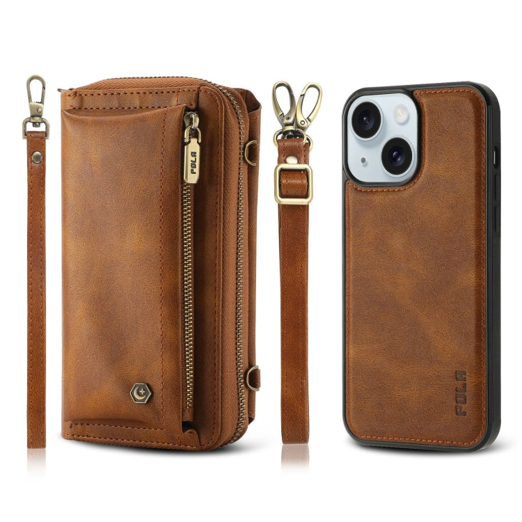 For iPhone 15 Plus Crossbody Multi-functional Zipper Wallet Leather Phone Case(Brown) - iPhone 15 Plus Cases by buy2fix | Online Shopping UK | buy2fix
