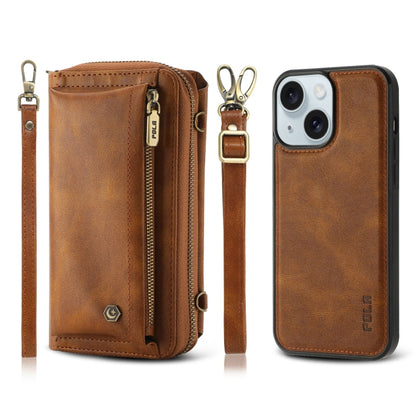 For iPhone 15 Plus Crossbody Multi-functional Zipper Wallet Leather Phone Case(Brown) - iPhone 15 Plus Cases by buy2fix | Online Shopping UK | buy2fix