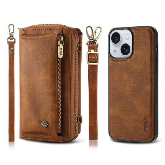 For iPhone 15 Plus Crossbody Multi-functional Zipper Wallet Leather Phone Case(Brown)