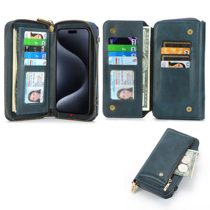 For iPhone 15 Plus Crossbody Multi-functional Zipper Wallet Leather Phone Case(Green) - iPhone 15 Plus Cases by buy2fix | Online Shopping UK | buy2fix