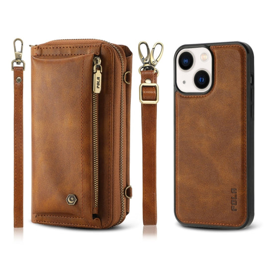 For iPhone 14 Plus Crossbody Multi-functional Zipper Wallet Leather Phone Case(Brown) - iPhone 14 Plus Cases by buy2fix | Online Shopping UK | buy2fix