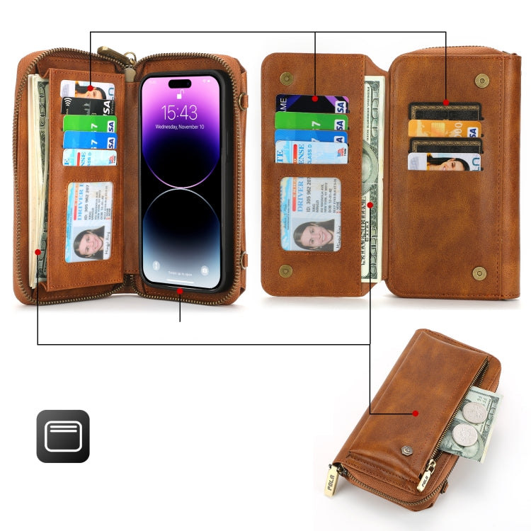 For iPhone 14 Pro Crossbody Multi-functional Zipper Wallet Leather Phone Case(Brown) - iPhone 14 Pro Cases by buy2fix | Online Shopping UK | buy2fix
