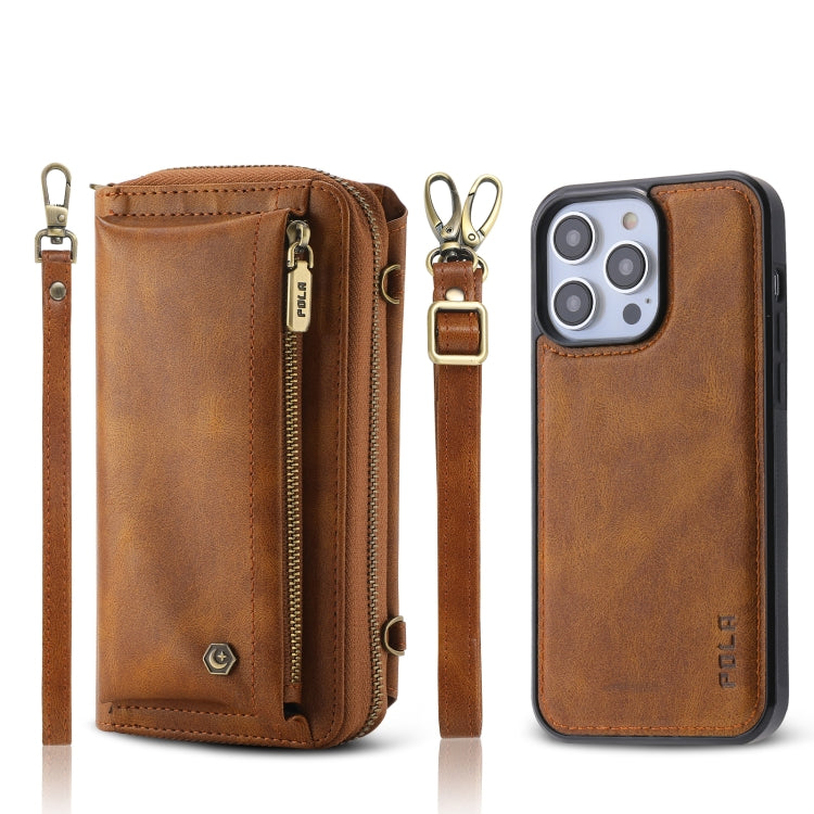 For iPhone 14 Pro Max Crossbody Multi-functional Zipper Wallet Leather Phone Case(Brown) - iPhone 14 Pro Max Cases by buy2fix | Online Shopping UK | buy2fix