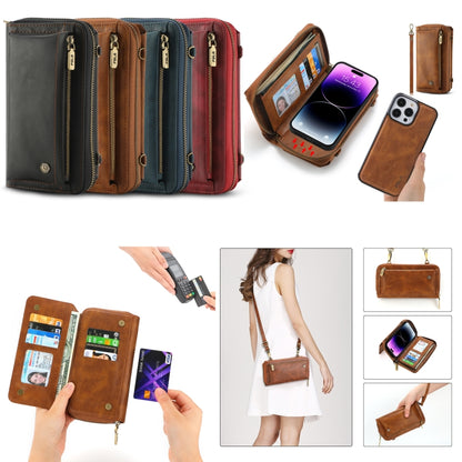 For iPhone 14 Pro Max Crossbody Multi-functional Zipper Wallet Leather Phone Case(Brown) - iPhone 14 Pro Max Cases by buy2fix | Online Shopping UK | buy2fix