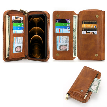 For iPhone 12 Pro Max Crossbody Multi-functional Zipper Wallet Leather Phone Case(Brown) - iPhone 12 Pro Max Cases by buy2fix | Online Shopping UK | buy2fix