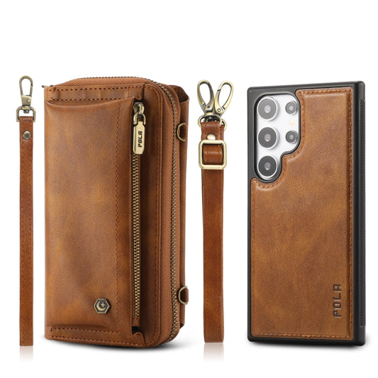 For Samsung Galaxy S24 Ultra 5G Crossbody Multi-functional Zipper Wallet Leather Phone Case(Brown) - Galaxy S24 Ultra 5G Cases by buy2fix | Online Shopping UK | buy2fix