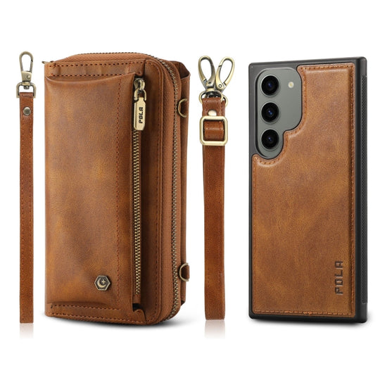 For Samsung Galaxy S23 5G Crossbody Multi-functional Zipper Wallet Leather Phone Case(Brown)
