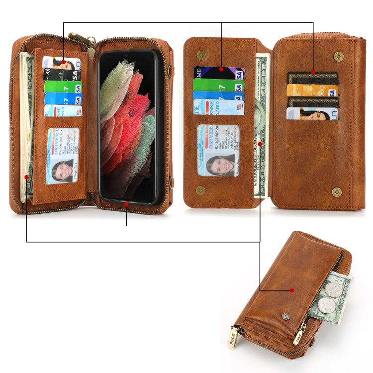 For Samsung Galaxy S23 5G Crossbody Multi-functional Zipper Wallet Leather Phone Case(Brown) - Galaxy S23 5G Cases by buy2fix | Online Shopping UK | buy2fix