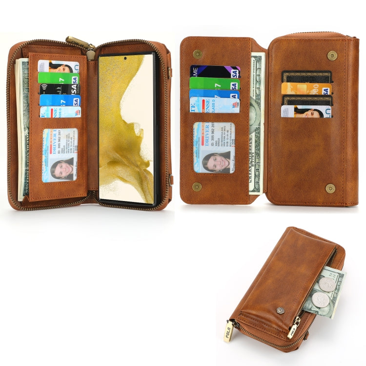 For Samsung Galaxy S22+ 5G Crossbody Multi-functional Zipper Wallet Leather Phone Case(Brown) - Galaxy S22+ 5G Cases by buy2fix | Online Shopping UK | buy2fix