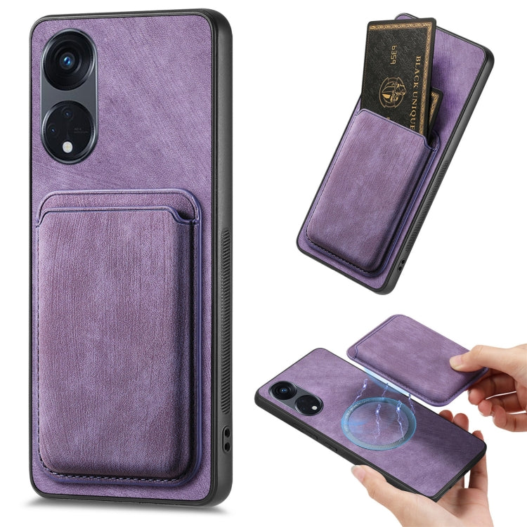 For OPPO Reno8 T 5G Retro Leather Card Bag Magnetic Phone Case(Purple) - OPPO Cases by buy2fix | Online Shopping UK | buy2fix