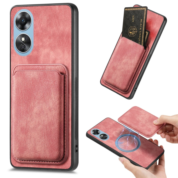 For OPPO A17 Retro Leather Card Bag Magnetic Phone Case(Pink) - OPPO Cases by buy2fix | Online Shopping UK | buy2fix