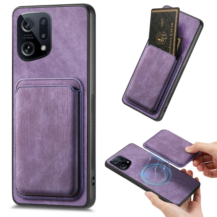 For OPPO Find X5 Retro Leather Card Bag Magnetic Phone Case(Purple) - OPPO Cases by buy2fix | Online Shopping UK | buy2fix