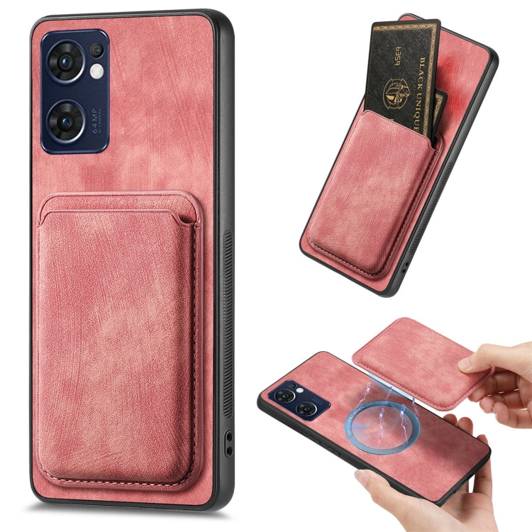 For OPPO Reno7 5G Retro Leather Card Bag Magnetic Phone Case(Pink) - OPPO Cases by buy2fix | Online Shopping UK | buy2fix