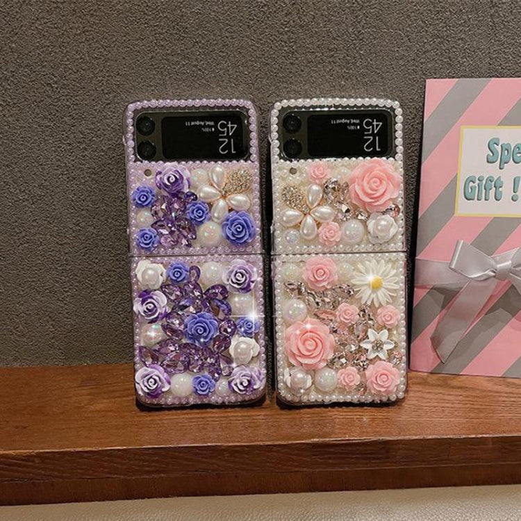 For Samsung Galaxy Z Flip4 Rose Hand-set Diamond PC Phone Case(Pink) by buy2fix