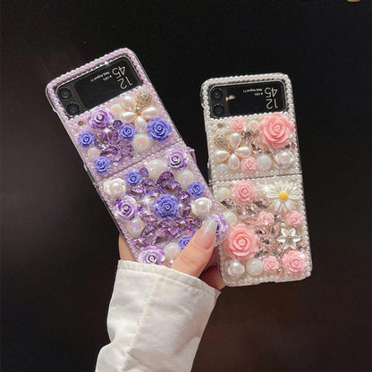 For Samsung Galaxy Z Flip4 Rose Hand-set Diamond PC Phone Case(Pink) by buy2fix