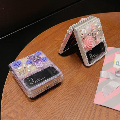 For Samsung Galaxy Z Flip3 5G Rose Hand-set Diamond PC Phone Case(Purple) by buy2fix