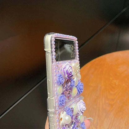 For Samsung Galaxy Z Flip4 Rose Hand-set Diamond PC Phone Case(Pink) by buy2fix