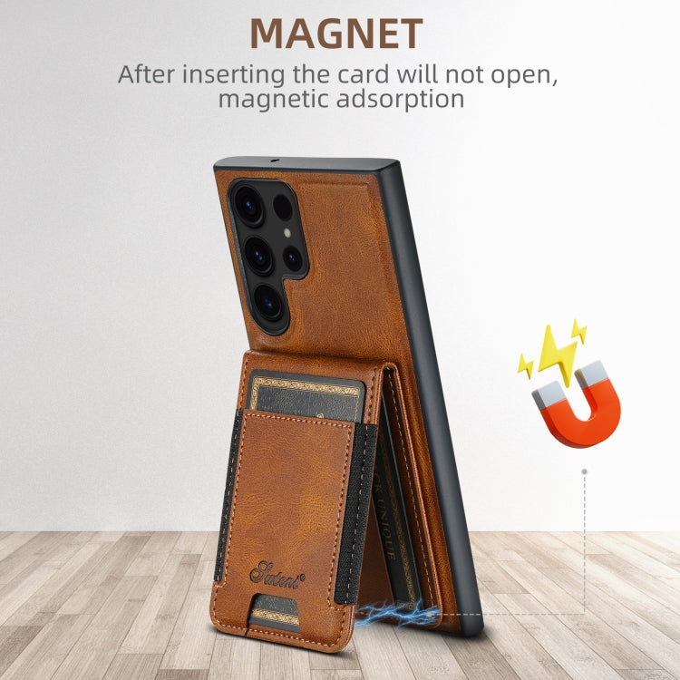 For Samsung Galaxy S22 Ultra 5G Suteni H17 Oil Eax Leather MagSafe Detachable Wallet Phone Case(Brown) - Galaxy S22 Ultra 5G Cases by Suteni | Online Shopping UK | buy2fix