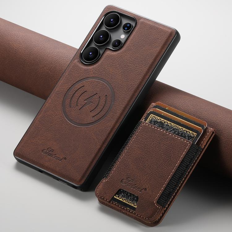 For Samsung Galaxy S25 Ultra 5G Suteni H17 Litchi Texture Leather MagSafe Detachable Wallet Phone Case(Brown) - Galaxy S25 Ultra 5G Cases by Suteni | Online Shopping UK | buy2fix