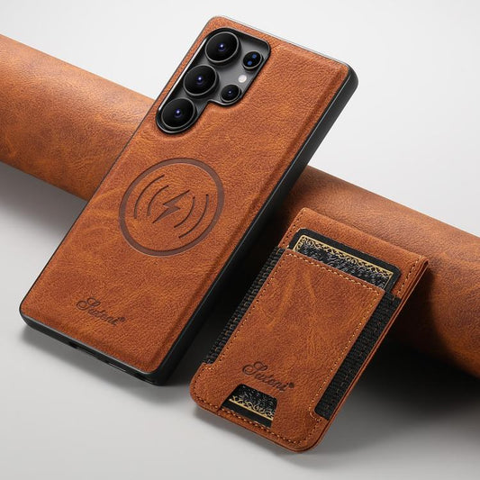 For Samsung Galaxy S25 Ultra 5G Suteni H17 Litchi Texture Leather MagSafe Detachable Wallet Phone Case(Khaki) - Galaxy S25 Ultra 5G Cases by Suteni | Online Shopping UK | buy2fix