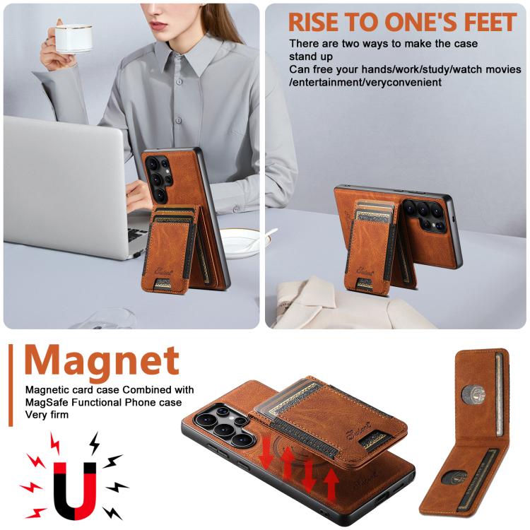 For Samsung Galaxy S25 Ultra 5G Suteni H17 Litchi Texture Leather MagSafe Detachable Wallet Phone Case(Khaki) - Galaxy S25 Ultra 5G Cases by Suteni | Online Shopping UK | buy2fix