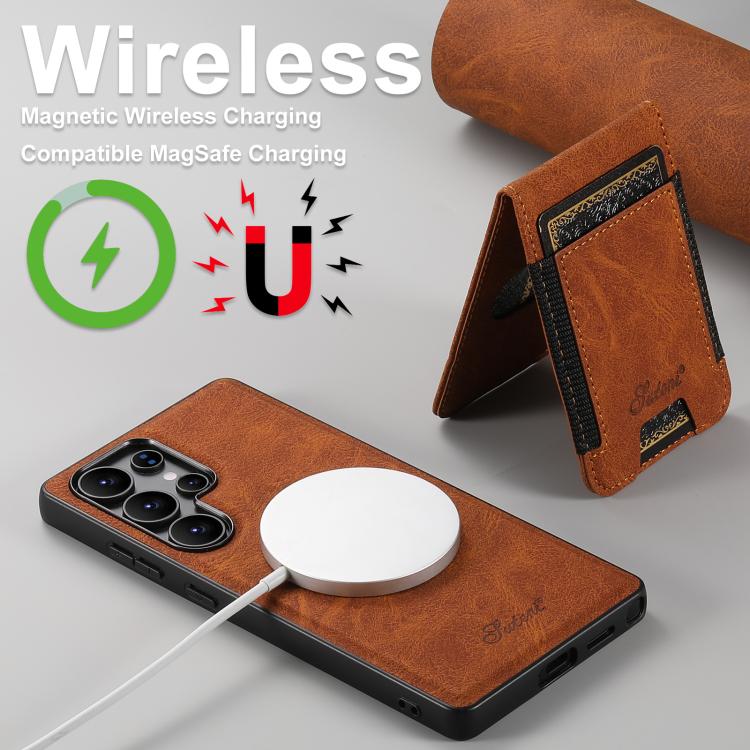 For Samsung Galaxy S25 Ultra 5G Suteni H17 Litchi Texture Leather MagSafe Detachable Wallet Phone Case(Khaki) - Galaxy S25 Ultra 5G Cases by Suteni | Online Shopping UK | buy2fix