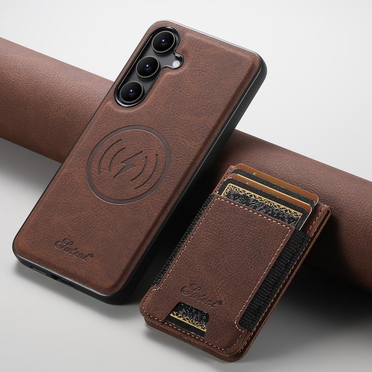 For Samsung Galaxy S25 5G Suteni H17 Litchi Texture Leather MagSafe Detachable Wallet Phone Case(Brown) - Galaxy S25 5G Cases by Suteni | Online Shopping UK | buy2fix