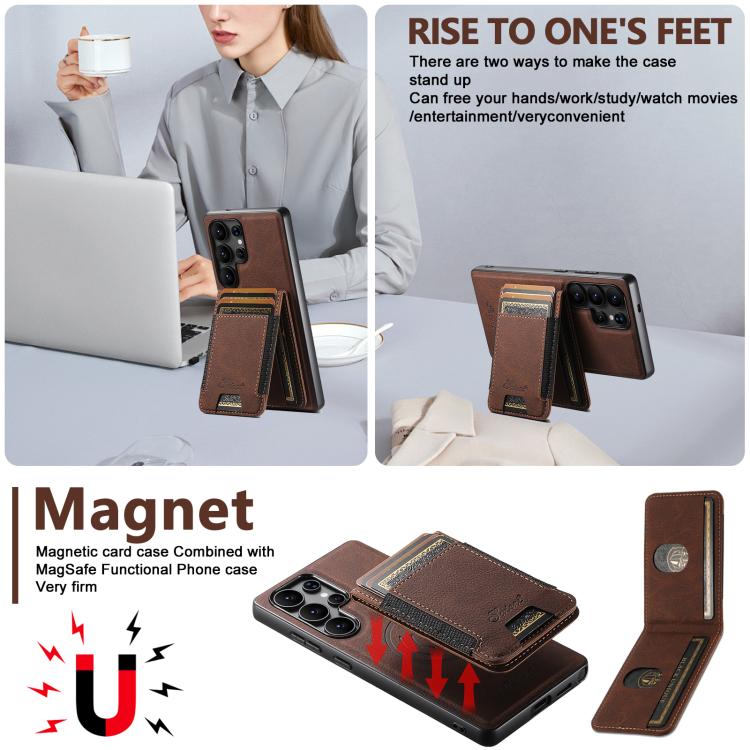 For Samsung Galaxy S25 5G Suteni H17 Litchi Texture Leather MagSafe Detachable Wallet Phone Case(Brown) - Galaxy S25 5G Cases by Suteni | Online Shopping UK | buy2fix