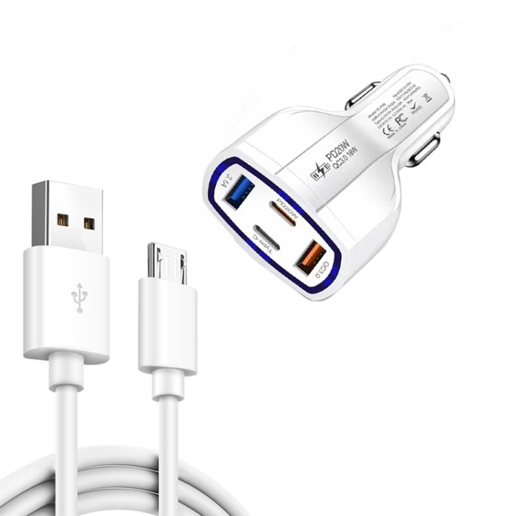 P49 53W PD20W Type-C + USB 4-port Car Charger with USB to Micro USB Data Cable(White) - Car Charger by buy2fix | Online Shopping UK | buy2fix