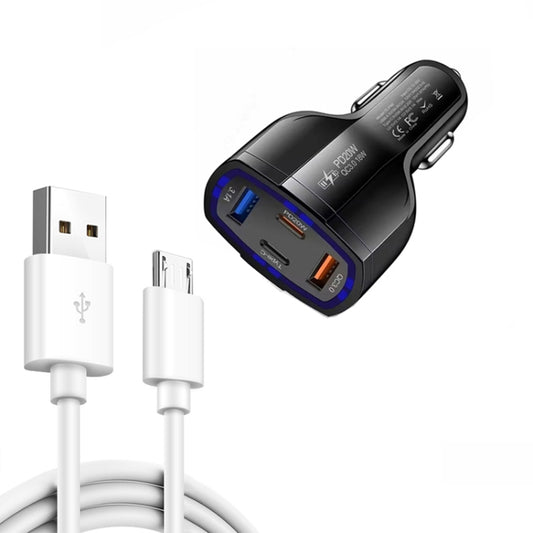 P49 53W PD20W Type-C + USB 4-port Car Charger with USB to Micro USB Data Cable(Black) - Car Charger by buy2fix | Online Shopping UK | buy2fix