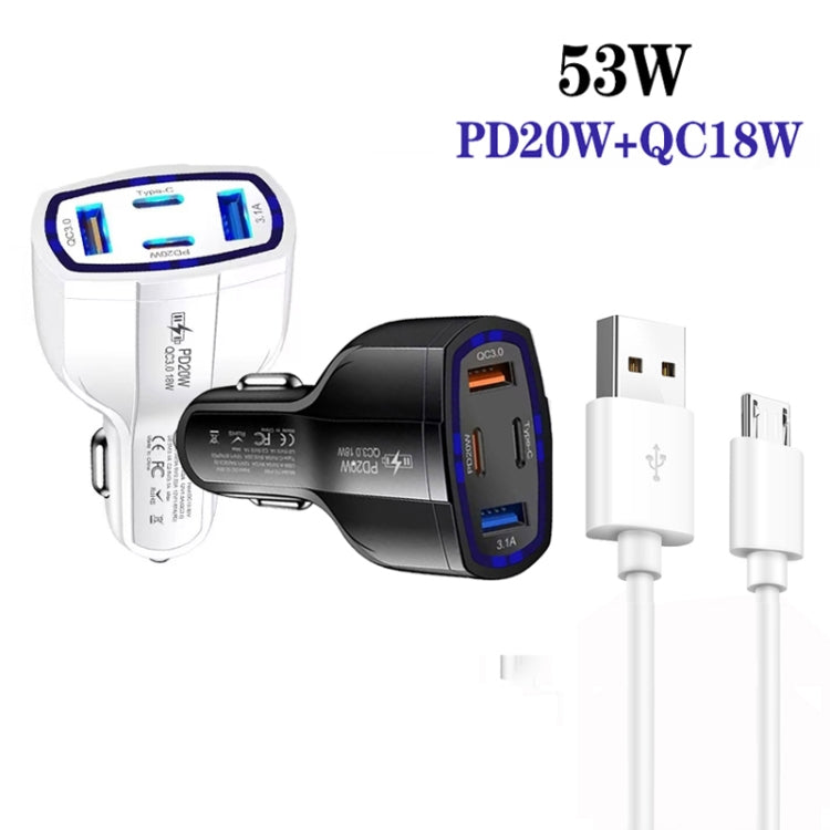 P49 53W PD20W Type-C + USB 4-port Car Charger with USB to Micro USB Data Cable(White) - Car Charger by buy2fix | Online Shopping UK | buy2fix