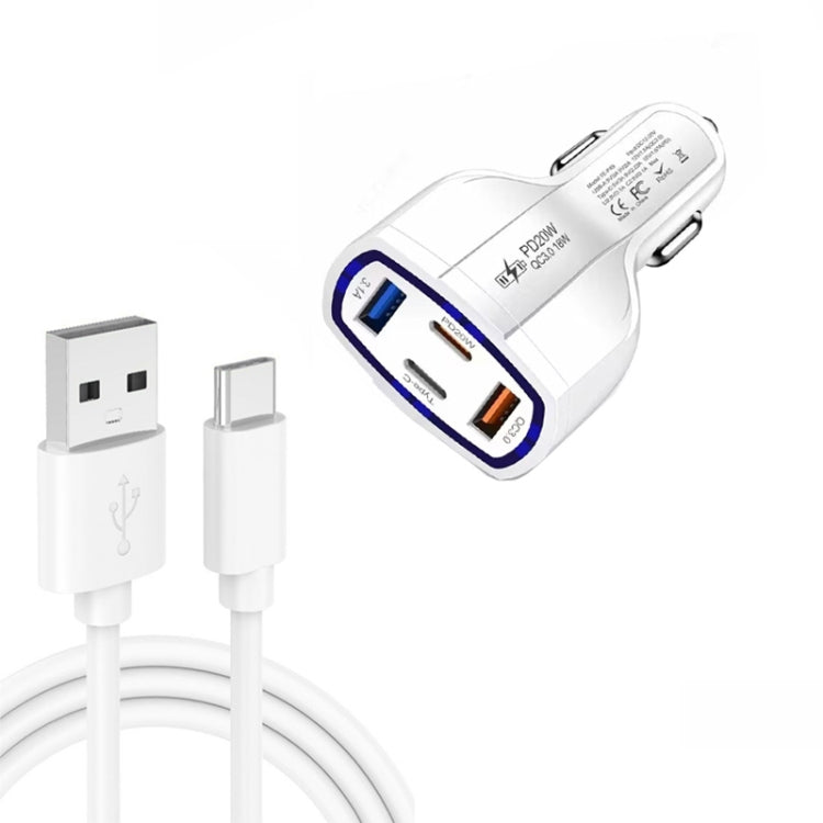 P49 53W PD20W Type-C + USB 4-port Car Charger with USB to Type-C Data Cable(White) - Car Charger by buy2fix | Online Shopping UK | buy2fix