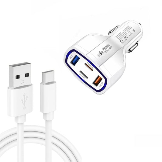 P49 53W PD20W Type-C + USB 4-port Car Charger with USB to Type-C Data Cable(White) - Car Charger by buy2fix | Online Shopping UK | buy2fix