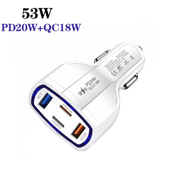 P49 53W PD20W Type-C + USB 4-port Car Charger with USB to Type-C Data Cable(White) - Car Charger by buy2fix | Online Shopping UK | buy2fix