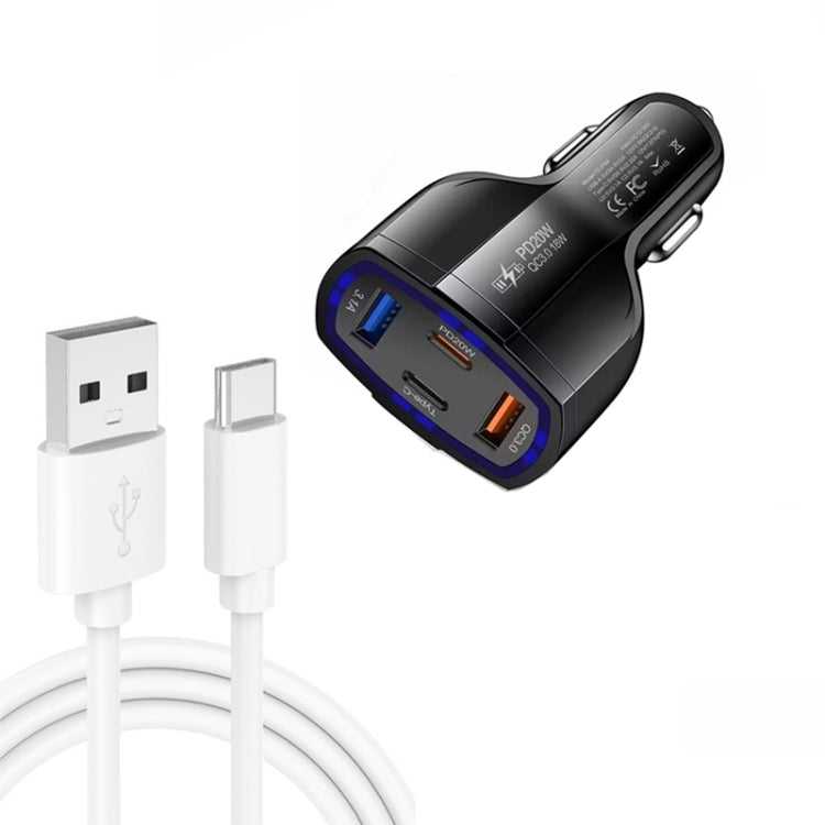 P49 53W PD20W Type-C + USB 4-port Car Charger with USB to Type-C Data Cable(Black) - Car Charger by buy2fix | Online Shopping UK | buy2fix