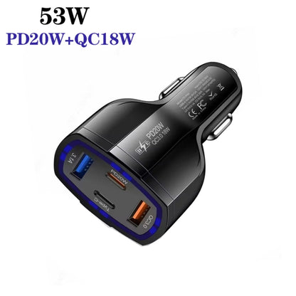 P49 53W PD20W Type-C + USB 4-port Car Charger with USB to Type-C Data Cable(Black) - Car Charger by buy2fix | Online Shopping UK | buy2fix