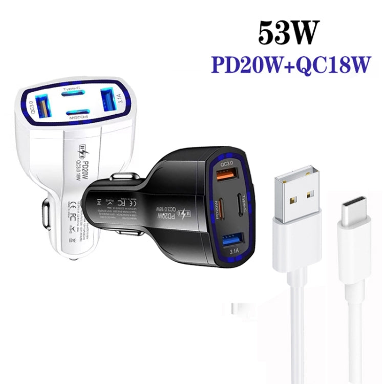 P49 53W PD20W Type-C + USB 4-port Car Charger with USB to Type-C Data Cable(Black) - Car Charger by buy2fix | Online Shopping UK | buy2fix