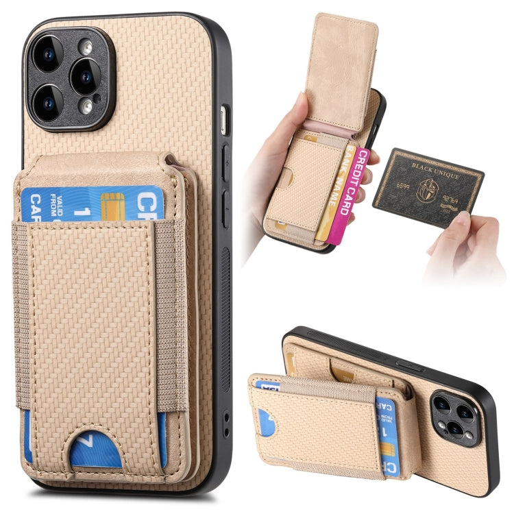 For iPhone 15 Pro Carbon Fiber Vertical Flip Wallet Stand Phone Case(Khaki) - iPhone 15 Pro Cases by buy2fix | Online Shopping UK | buy2fix