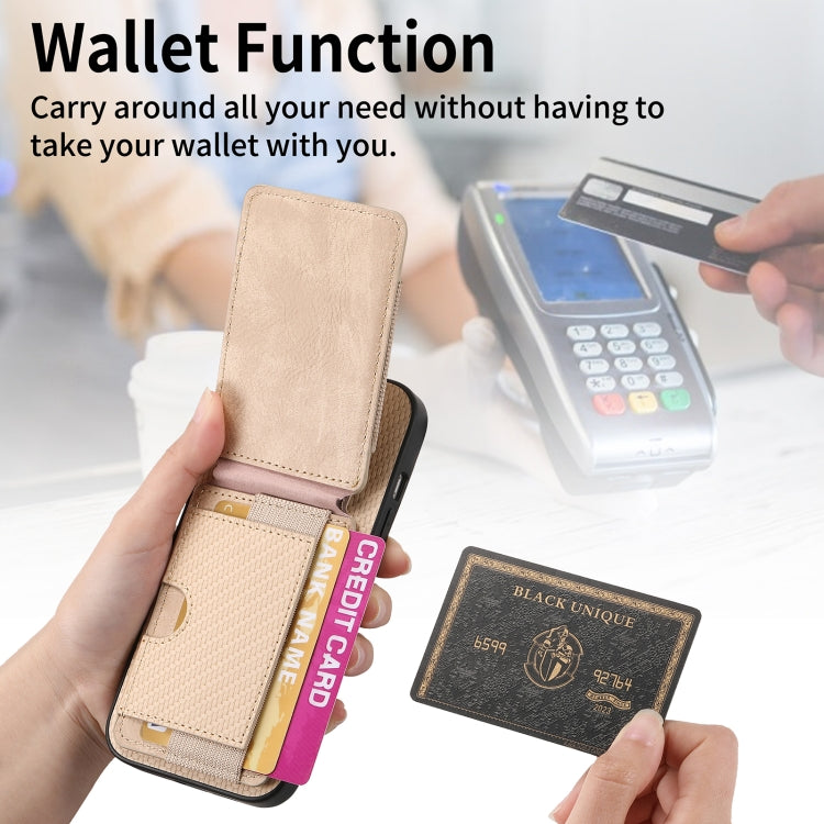 For iPhone 15 Pro Carbon Fiber Vertical Flip Wallet Stand Phone Case(Khaki) - iPhone 15 Pro Cases by buy2fix | Online Shopping UK | buy2fix