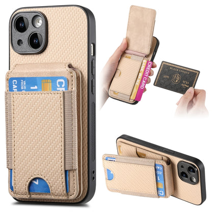 For iPhone 14 Plus Carbon Fiber Vertical Flip Wallet Stand Phone Case(Khaki) - iPhone 14 Plus Cases by buy2fix | Online Shopping UK | buy2fix