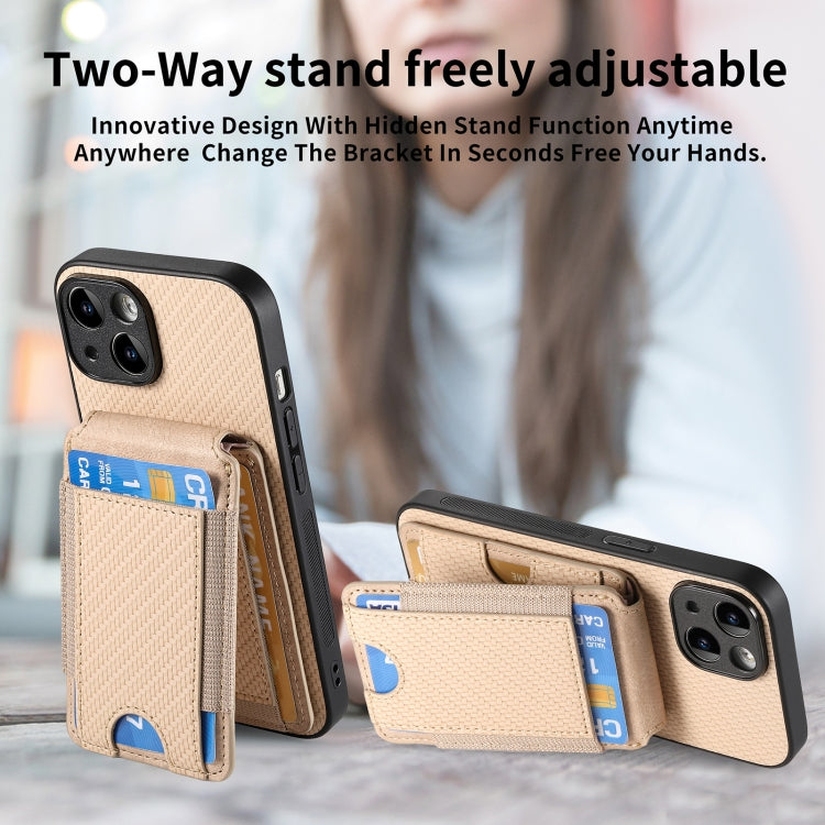 For iPhone 13 Pro Carbon Fiber Vertical Flip Wallet Stand Phone Case(Khaki) - iPhone 13 Pro Cases by buy2fix | Online Shopping UK | buy2fix