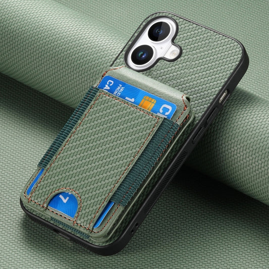 For iPhone 16 Carbon Fiber Vertical Flip Wallet Stand Phone Case(Green) by buy2fix