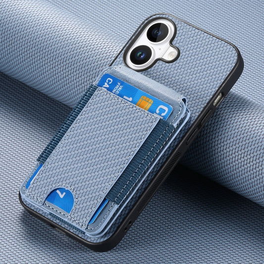 For iPhone 16 Plus Carbon Fiber Vertical Flip Wallet Stand Phone Case(Blue) by buy2fix