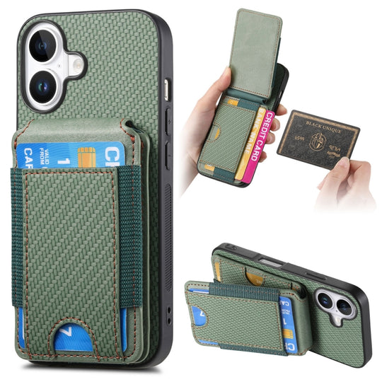 For iPhone 16 Plus Carbon Fiber Vertical Flip Wallet Stand Phone Case(Green)