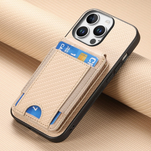 For iPhone 16 Pro Max Carbon Fiber Vertical Flip Wallet Stand Phone Case(Khaki) by buy2fix