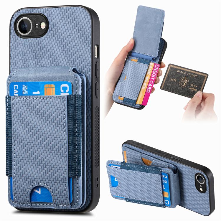For iPhone 16e Carbon Fiber Vertical Flip Wallet Stand Phone Case(Blue) - iPhone 16e Cases by buy2fix | Online Shopping UK | buy2fix